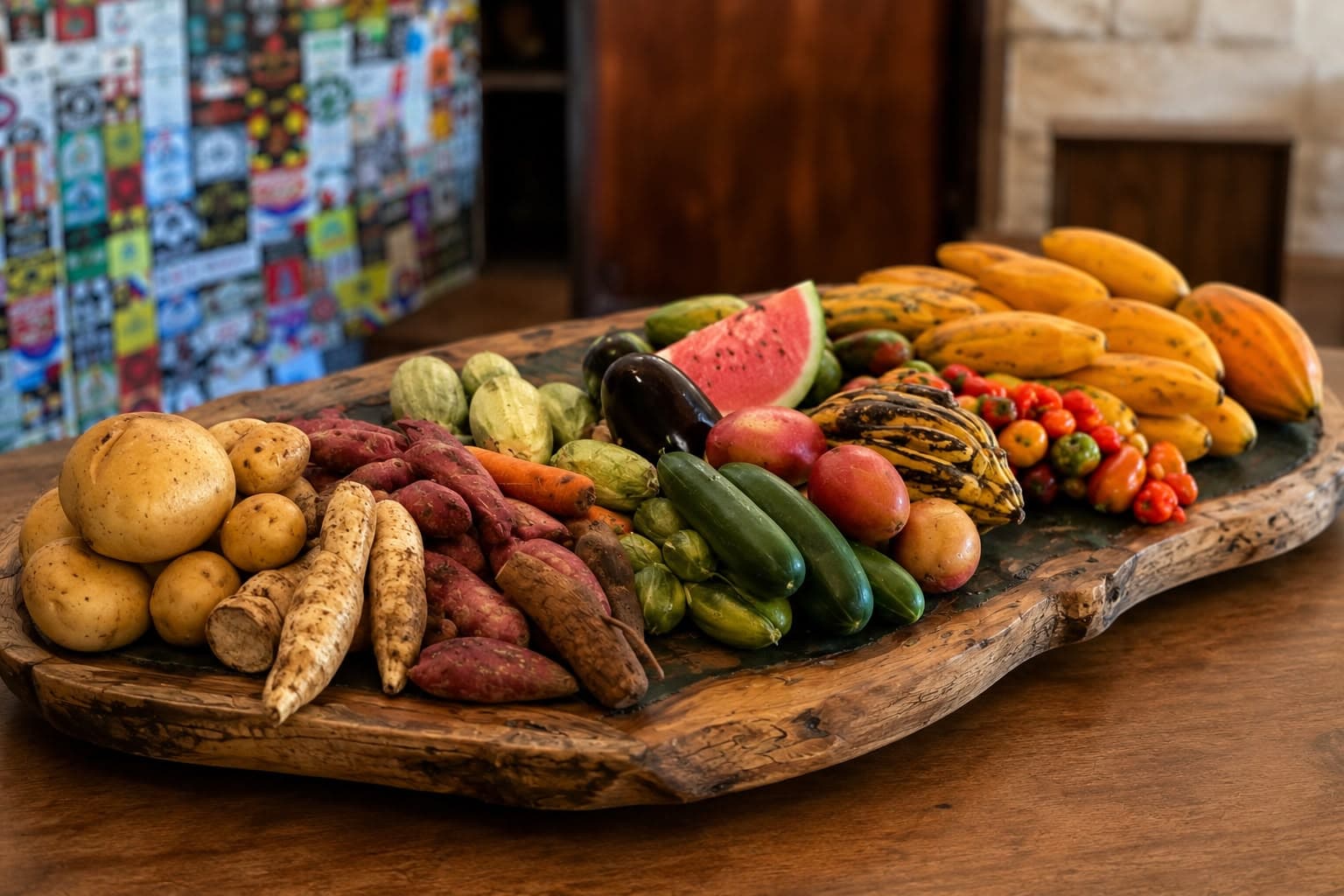 Mesa de madera con frutas y verduras frescas